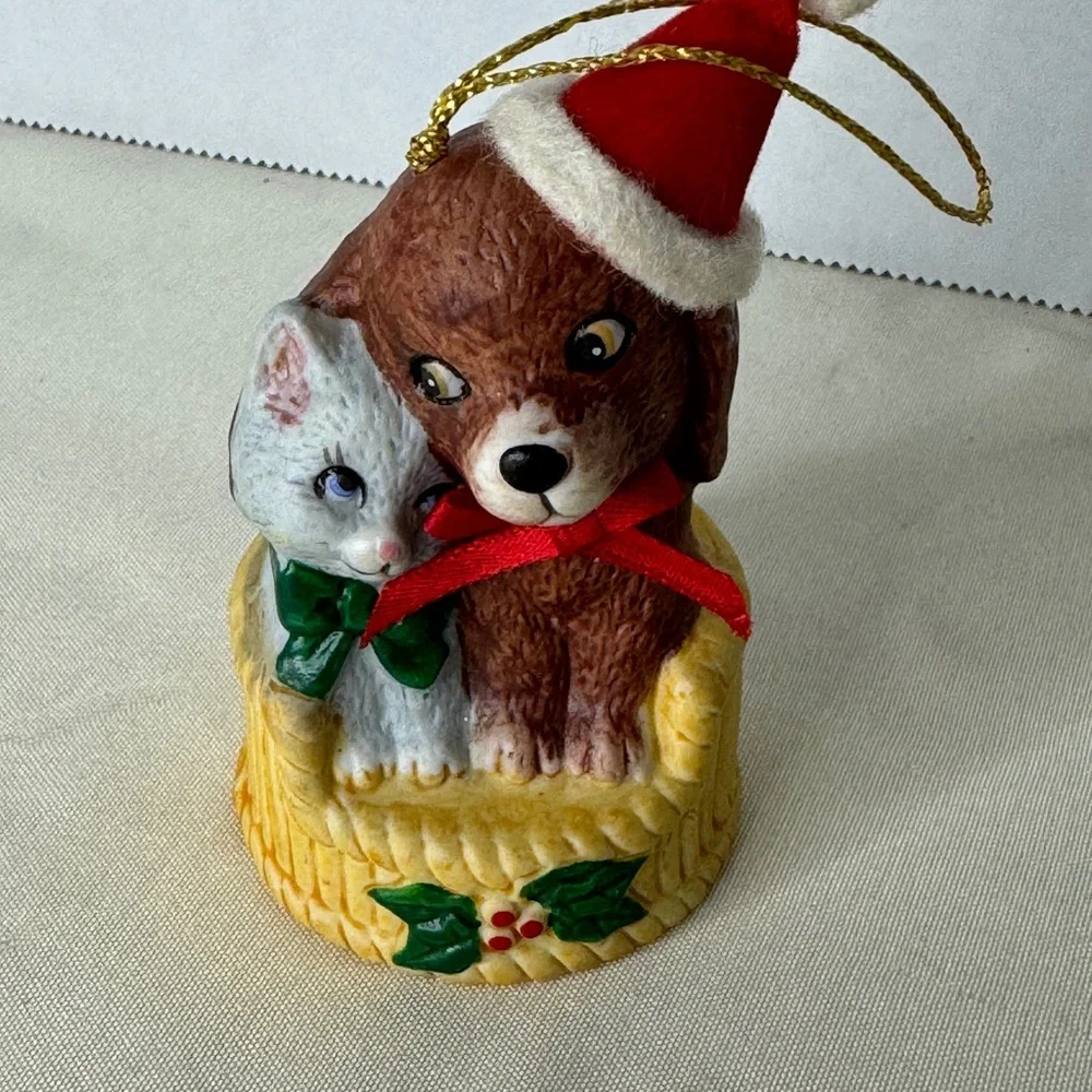 Lot 4 VTG Porcelain Bell Ornaments‎ Jasco Santa Bear Girl Dog Cat Christmas